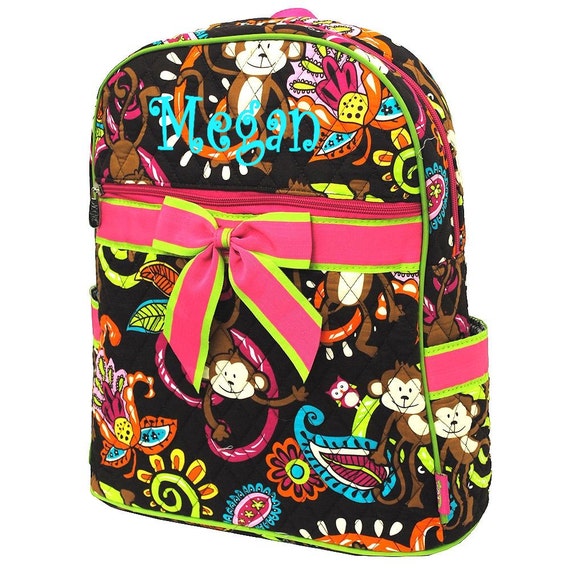 Items similar to Personalized Girls Quilted Monkey Print Backpack ...