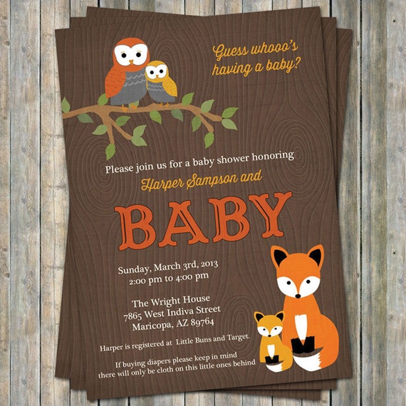 woodland baby shower invitations with owls and fox wood