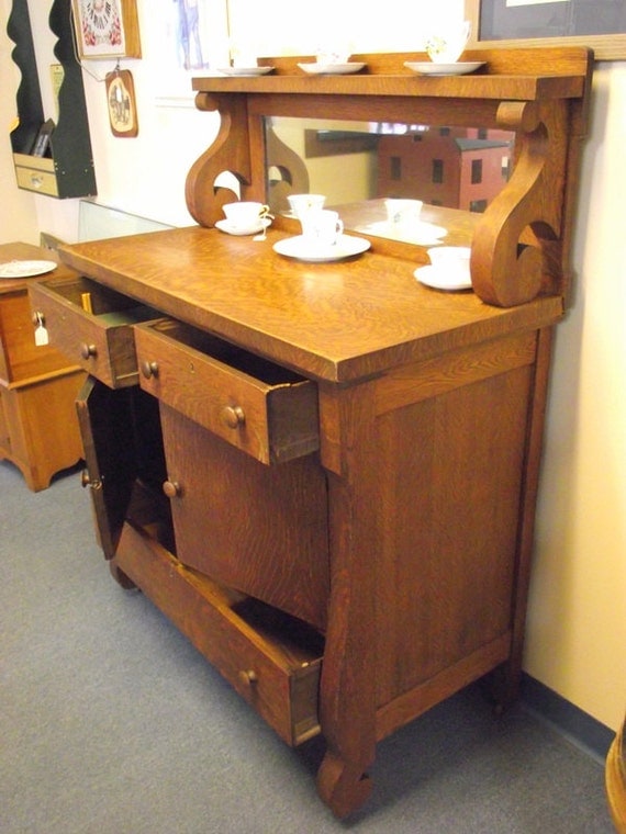 Antique Empire Tiger Oak Buffet Sideboard Server with