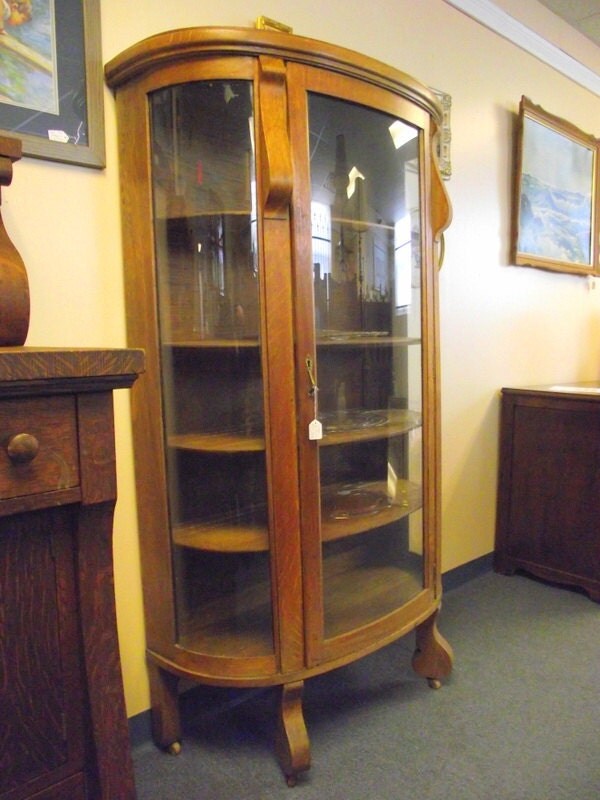 Antique Curved glass Bow Front Oak China Hutch Curio 5 shelf