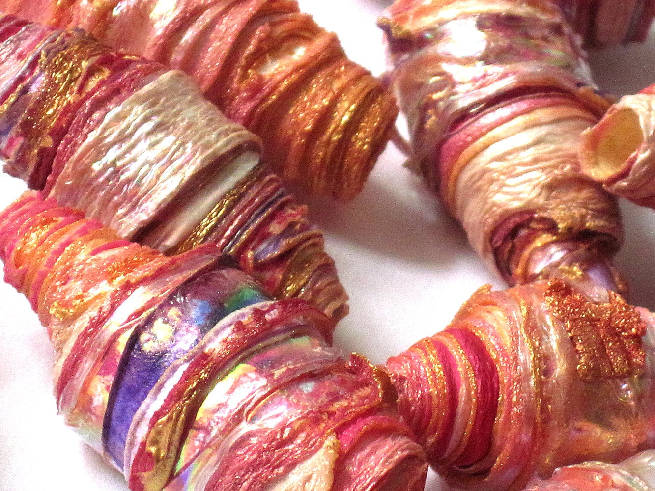 8 mixed media textile art fiber beads hand made with Tyvek