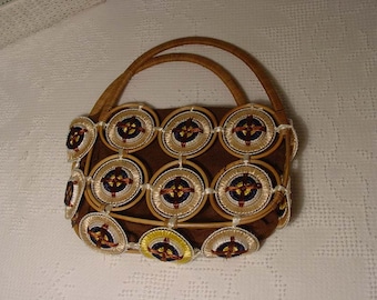 1970 Bamboo and Raffia Medallion Purse - Tote - Box Purse
