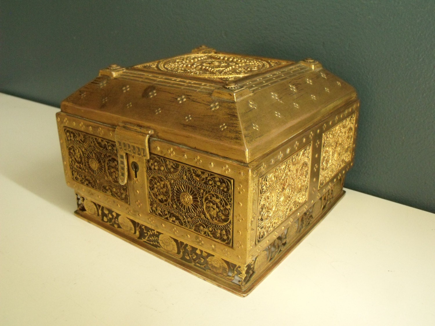 Intricate Brass Box J A Henckel Hinged Lock Filigree Carved