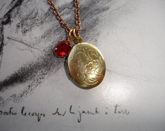 Vintage Brass Locket and Vintage Red Swarovski Necklace, Flower Etchings, Vintage Brass Chain, Swarovski Accents, Romantic
