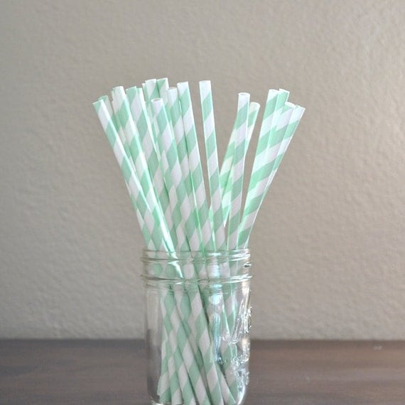 25 Mint Green Stripe Paper Straws made in USA by PaperAndPresent