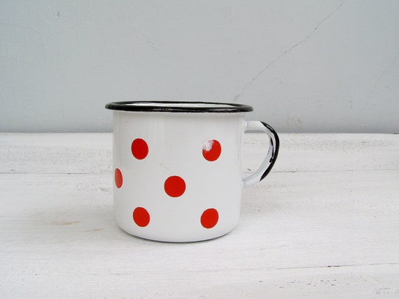 Retro Polka dot Enamel cup White Enamel cup Black rim Red