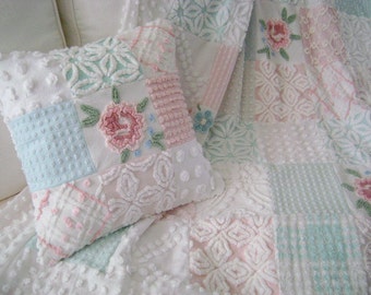 SAMPLE ~ Vintage Chenille 'Cabbage Roses' Throw / Lap Quilt - Pinks, Aquas, Whites