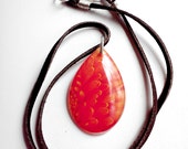 Resin Pendant Necklace Orange Daisy Drop Resin Pendant Dark Brown Leather Cord Sterling Silver Clasp
