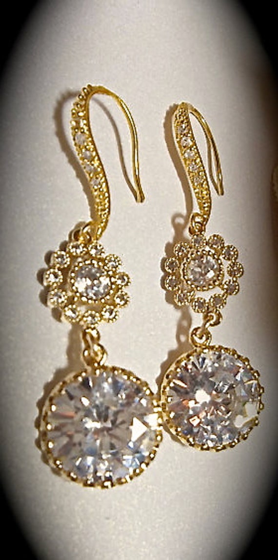 Gold Earrings Cubic Zirconias Long Sparkling 14k