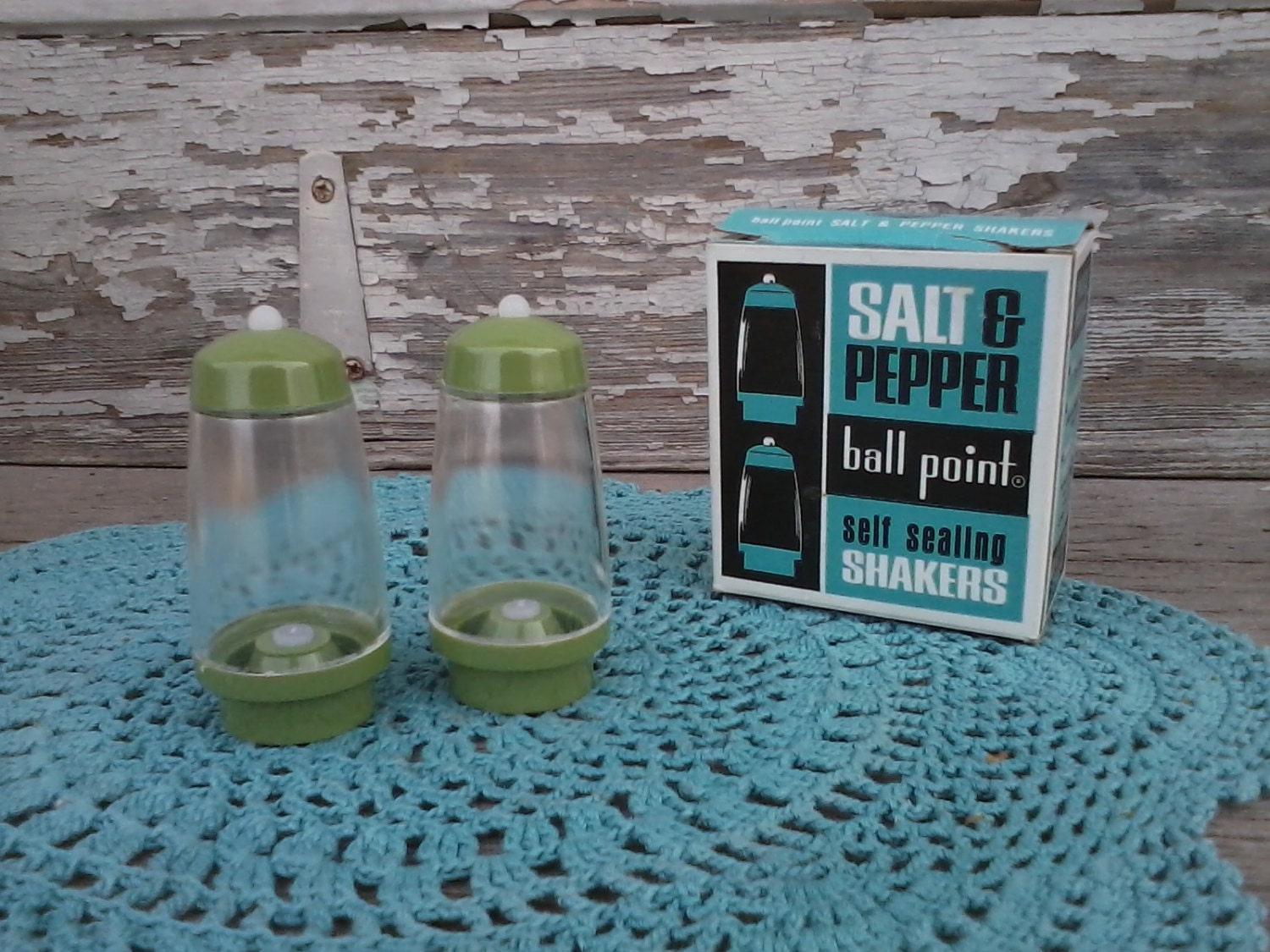 Retro Green Salt Pepper Shakers by Ball Point In Original