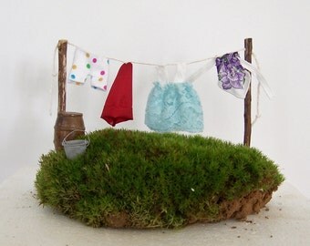 Fairy Garden Miniature Clothesline with Clothes Gnome Garden Accessory DIY Kit Seen in Vintage Gardens magazine, Wash Line Miniature Clothes