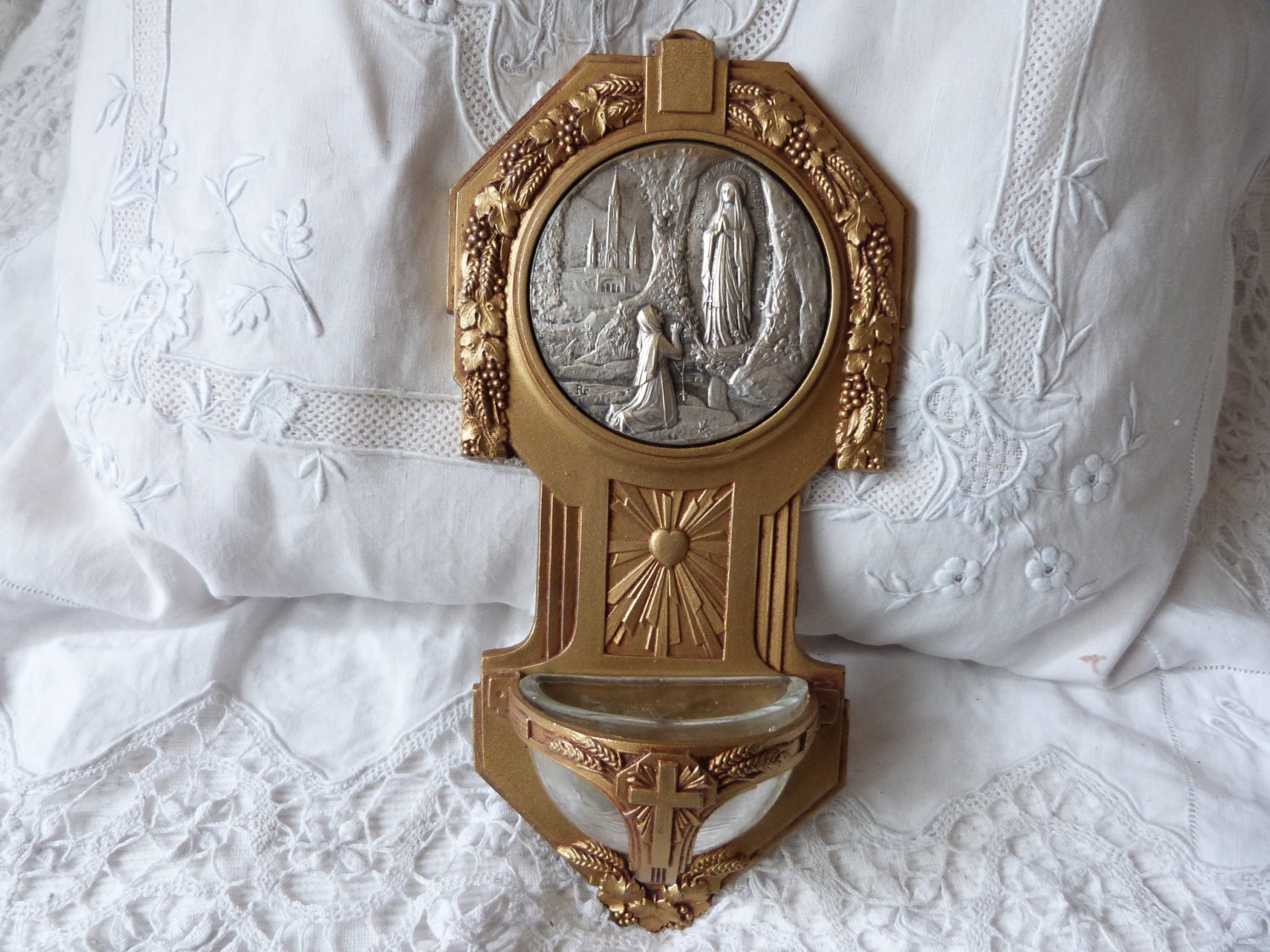 Antique holy water font 1900s French font w our lady of