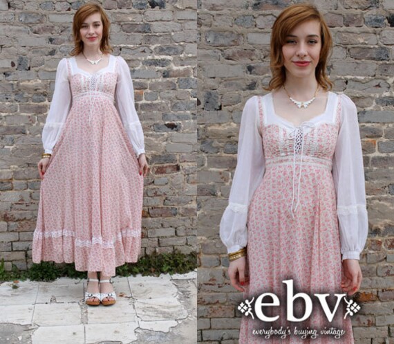 ... Dress Wedding Dress Vintage 70s Gunne Sax Pink Floral Maxi Dress XXS