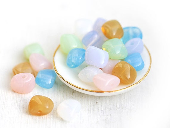 Czech nugget beads, Pastel mix spacers, puffy square, Easter colors - 6x8mm - 24Pc - 618