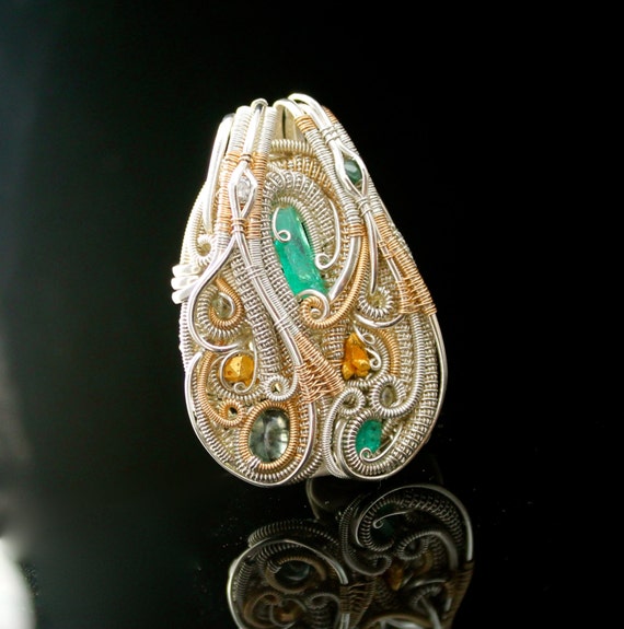 Heady wire wrapped pendant wrap jewelry handmade Emerald