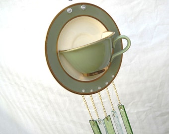 Glass Wind Chimes Yard Art Garden Decor Recycled Unique Gift Handmade with Retro Tea Cup and Saucer