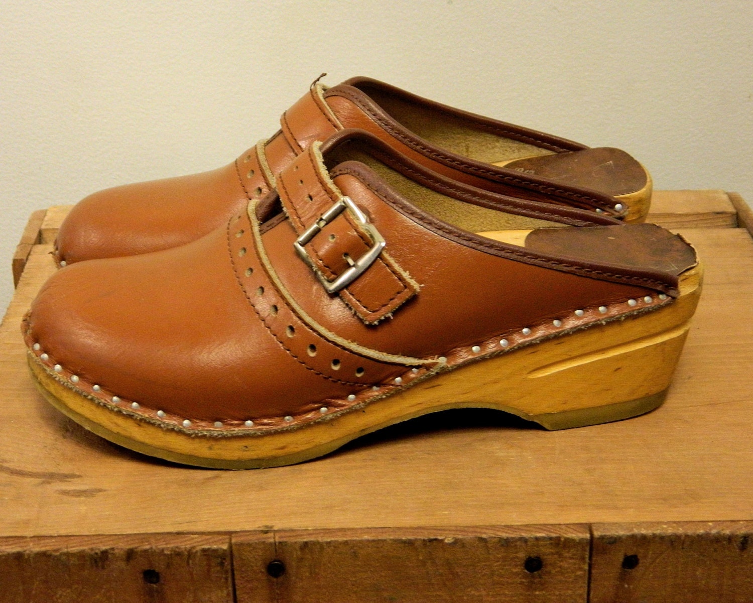 swedish wooden leather clogs . scandinavian shoes . euro 38