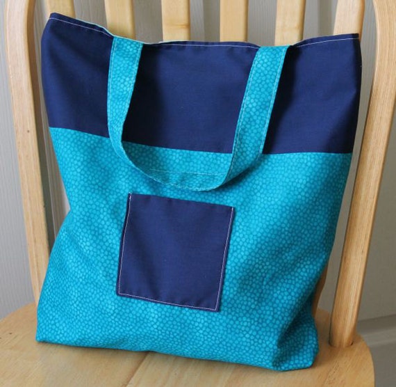 Items similar to Blue Tote with Pockets, Book Bag, Beach bag on Etsy