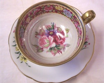 Cup vintage china Saucer  Gilt Green  Vintage Roses  and cup Gold Leaves Tea Set Pi saucer nk China