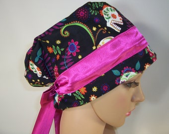 Handmade Woman Medical Scrub Cap - Folklorico - Cabezas de Coyoacan - Black