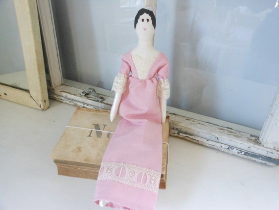 Jane Austen art doll, cloth doll in rose-colored regency-inspired dress, art doll