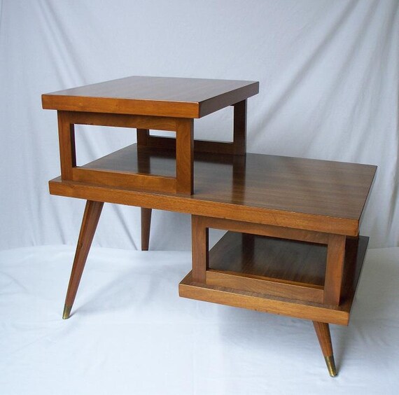 Mid Century Walnut Formica Step End Table