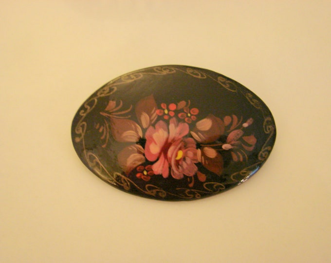 Russian Designer Signed Hand Painted Black Floral Brooch / Vintage Jewelry / Jewellery