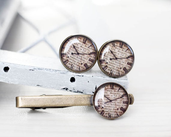 Antique clock Cuff links and Tie Clip - Wedding Gifts for Groomsmen - Steampunk, time, beige, dial