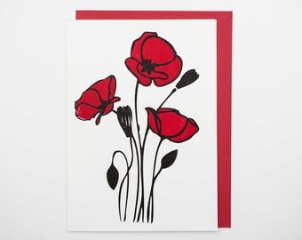 Red Poppies Letterpress Card Set of 10 Blank-Free Shipping!