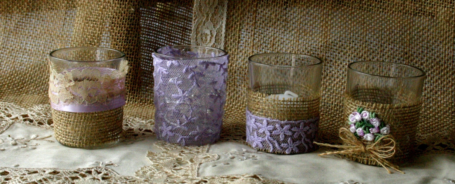 Burlap and LAVENDER lace wedding votives Wedding by Bannerbanquet