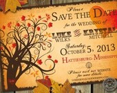 Fall Save the Date wedding Invitation with halloween, enchanting autumn tree, fall leaves, heart and carnival elements Il_170x135