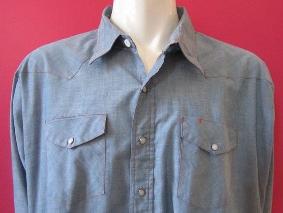 Mens 4XL cowboy shirt, Big Mac, vintage, chambray denim, white snaps (376)