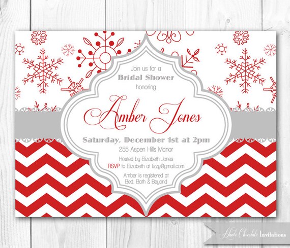 Modern Chevron and Snowflake Bridal Shower Invitation in Red & Gray. DIY Printable Winter Bridal Shower, Baby Shower or Birthday Invitation. Il_570xn