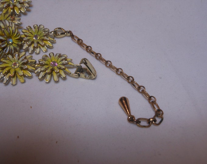 FREE SHIPPING Kramer floral choker bracelet set, yellow with aurora borealis AB rhinestone centers, 1950s gold tone