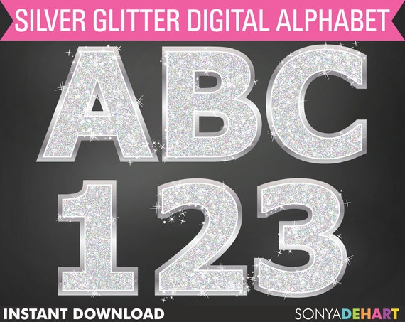 50% OFF SALE Digital Alphabet Silver Sparkly Bling Glitter Letters Commercial Use Clip Art Instant Download Il_570xn