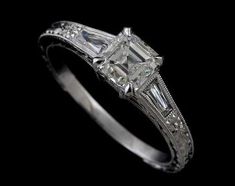 Art Deco Engagement Ring, Asscher Cut Baguette Diamond Ring, Hand Carved Milgrain Ring, Vintage Style Platinum Engagement Ring Setting