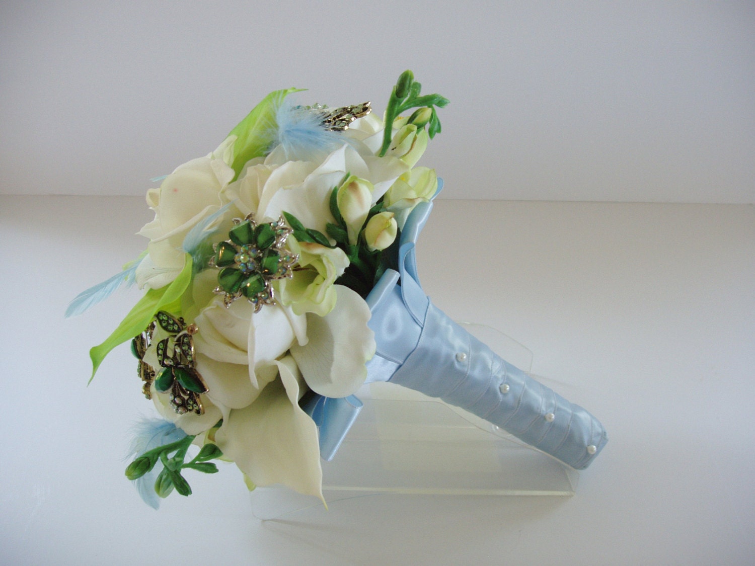 SILK Real Touch Chartreuse, Sky Blue, White Brooch Wedding Bouquet & Boutonniere, Custom order