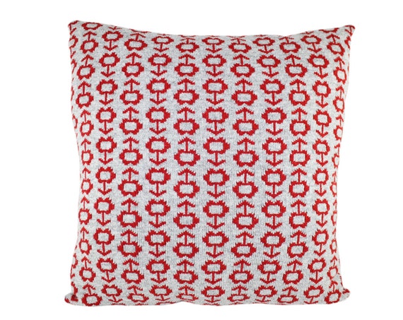 Large wool / leather pillow - little flowers in grey, red 23x23