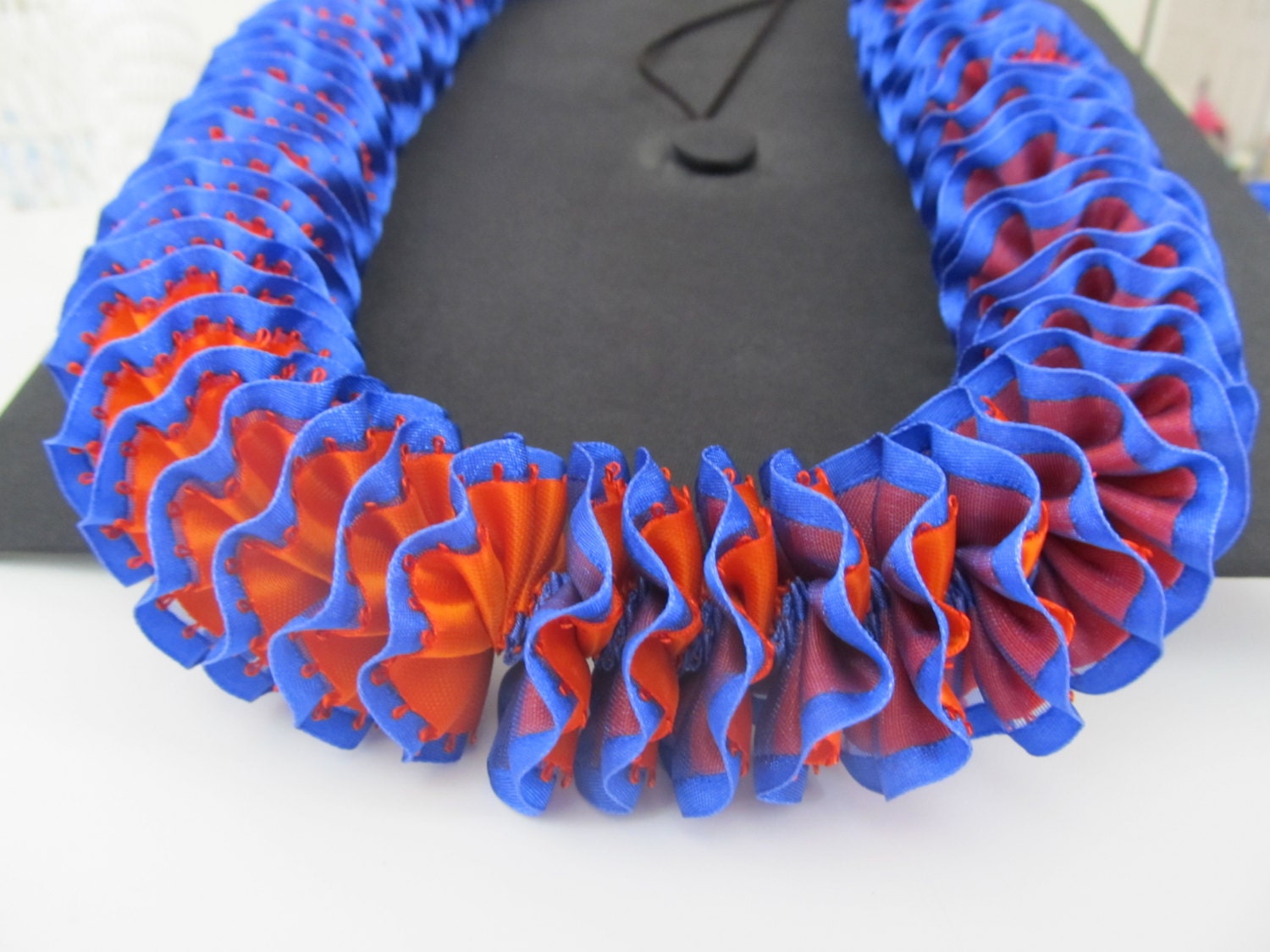 Hawaiian Ribbon Lei Royal Blue and Orange Picot Edge