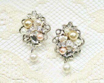 Champagne Earrings- Pearl and Rhinestone Earrings- Vintage-Inspired Studs- Bridal Earrings- Pearl Earrings- Wedding Earrings- Bridal Studs