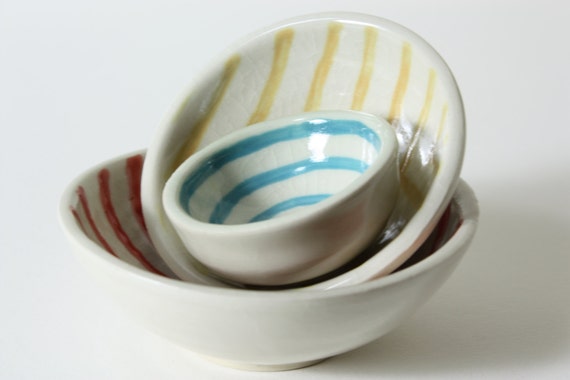 Modern Trio Of Small Porcelain Bowls With Fun Graphic Glazes