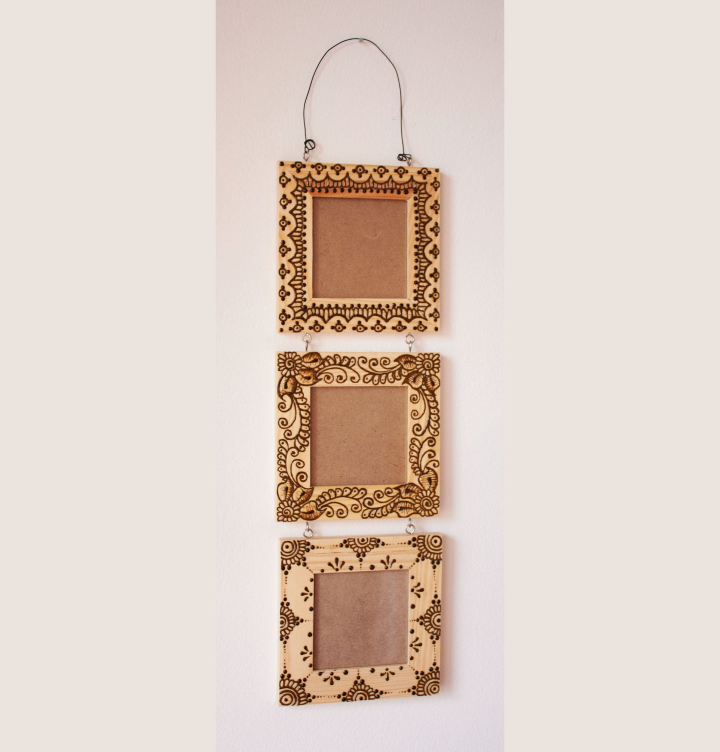 Three 3x3 inch hanging Wood Henna Frames set with Indian and