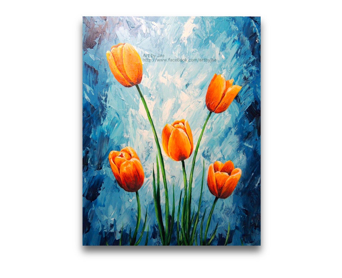 Original Painting Orange Tulips Acrylic Large Wall Art 16x20