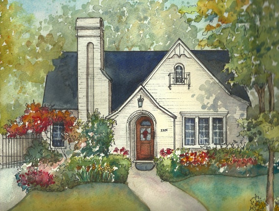 House painting in watercolor with ink details custom portrait