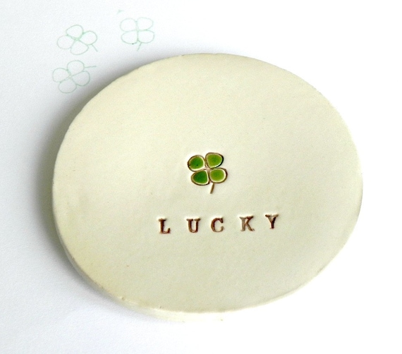 St. Patrick Plate Small  Clover Round Pottery Dish Lucky Shamrock Ring Holder