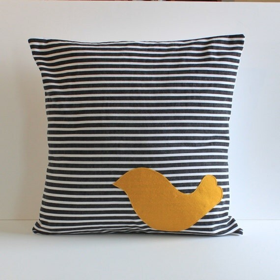 yellow bird pillow cover // black and white stripe by