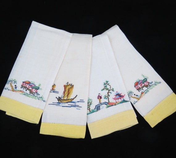 Vintage Linen Hand Towels Embroidered Asian