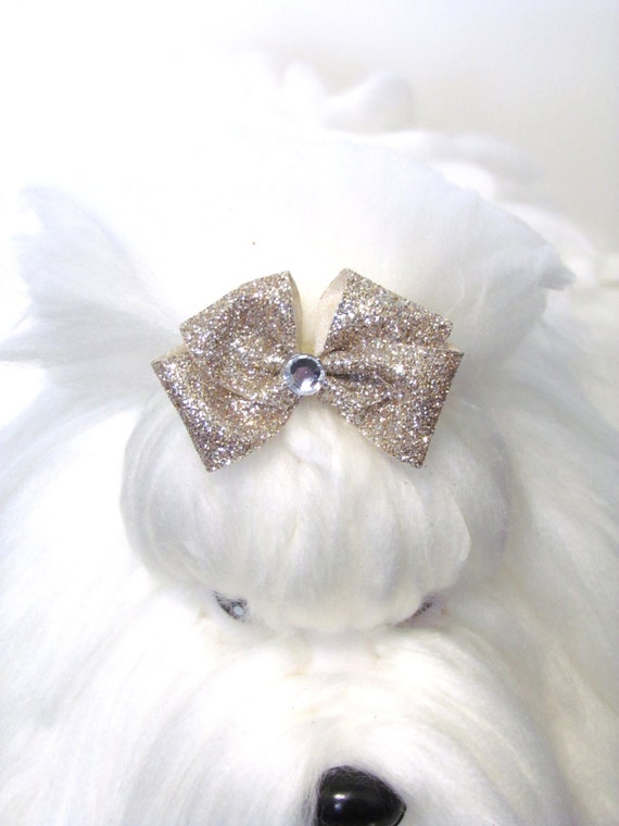 Gold Sparkle Glitter No Tails Top Knot Dog Bow dog by WoballeBows