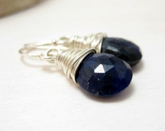 Genuine Sapphire Earrings, Sterling Silver Blue Sapphire Earrings September Birthstone Drop Dangle Earrings Wire Wrapped