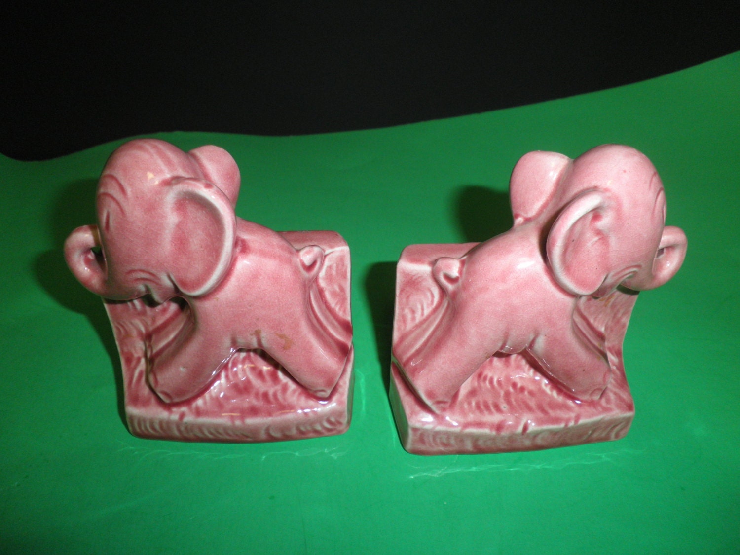 Pink Elephant Bookends German / Germany Pottery Trunks Up